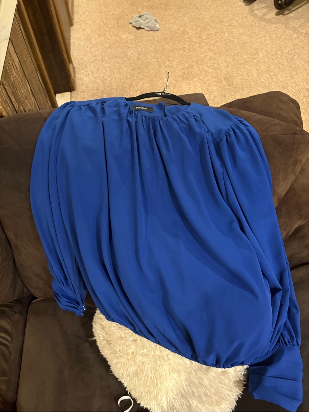 Lavender Brown Royal Blue Gathered Long-Sleeve Blouse